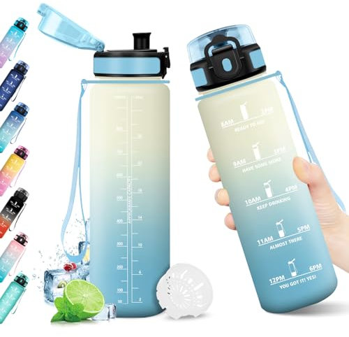 Bouteille Sport 1L, Bouteille d'eau Étanche, Gourde Motivation avec Marqueur de Temps, Gourde Sport avec Filtre, Bouteille sans BPA, Réutilisable, Gourde pour Yoga, l'école, Camping, Bureau, Fitness