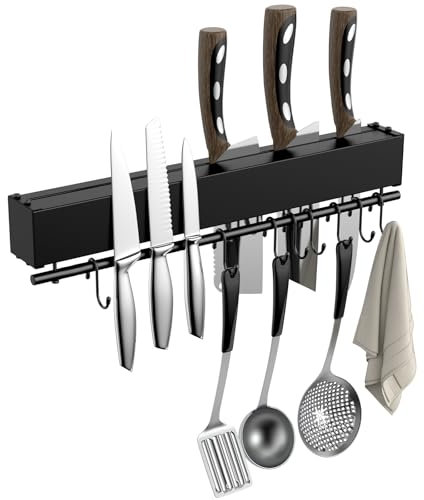 Magnetleiste Messer, 40cm Messerhalter Magnetisch mit 8 Haken, Magnet Messerhalter mit extra Starkem Magnet, inklusive Klebeband und Schrauben