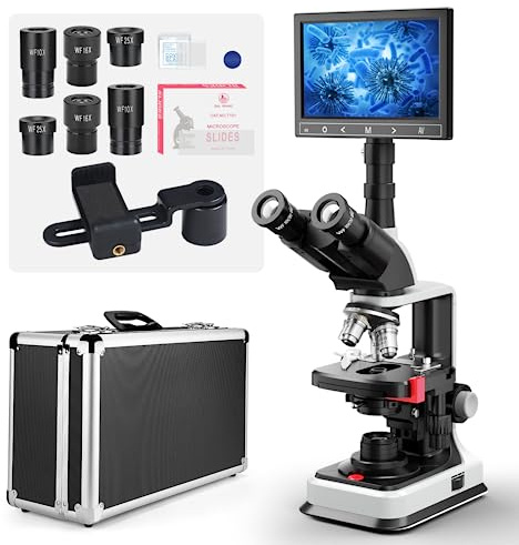 [Dual Power Supply] Vabiooth Lab Compound Trinocular Microscopes 40X-2500X Magnification with 7 LCD Replaceable Split Screen 5MP E-Eyepiece, Two-Layer Mechanical Stage,20mm Ultra Wide-Field Eyepieces