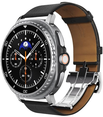 Spigen Enzo Armband für Samsung Galaxy Watch 9/8 und 8 Classic | Armband aus echtem Ziegenleder mit Zermatt-Futter und silberner Metallschließe, für Modelle 2026/2025 (40/44/46mm) - Schwarz
