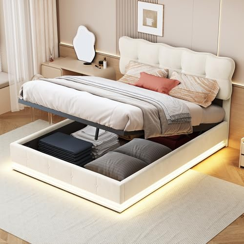 Bett mit Bettkasten, 140 x 200 cm, Doppelbett, gepolstert, mit Beleuchtung, Lattenrost, Velours, Doppelbett mit Stauraum, Hydraulikfunktion für Erwachsene, Jugendliche, Beige