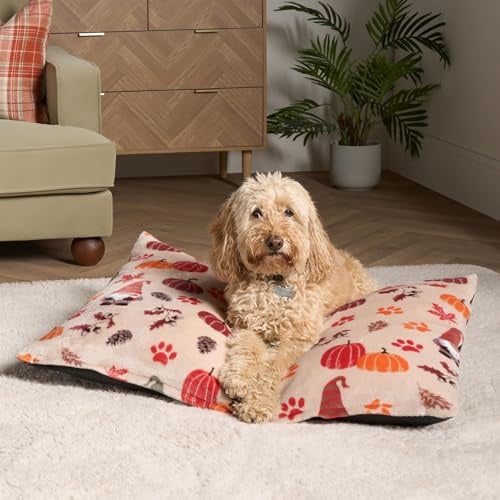 OHS Small Dog Bed Pumpkin Autumn Paw Print, Soft Warm Pet Bed for Small Dogs Cats Anti Slip Bottom Halloween Washable Dog Mat Mattress Anti-Anxiety Calming Puppy Pillow, Natural - 80 x 60cm