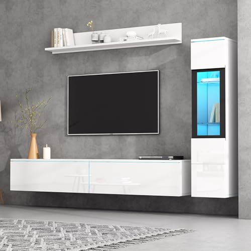 MSMOK Set da parete per TV, 3 pezzi, 1 armadietto per TV, soggiorno, mensola sospesa, illuminazione bianca lucida, set di mobili da soggiorno, parete frontale bianca