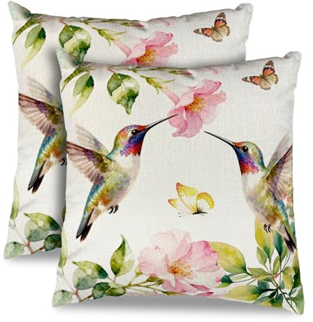 Kaezuy Frühlingsdeko Kissenbezüge 45x45cm, Dekorative Kissenhülle mit Tiermotiv, Leinen Sofakissen mit Blumen&Tiermuster, Dekokissen für Garten Sofa Couch Wohnzimmer Schlafzimmer (Vogel)