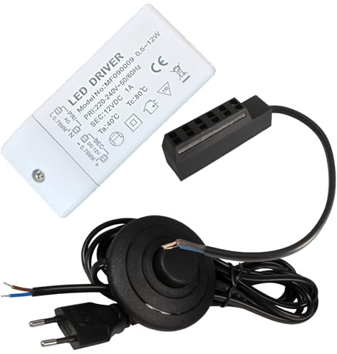 LED Trafo Treiber 0,5-12W 12V DC Eckig Elektronisch | Für LED Lampen| inkl. AMP-Verteiler 6-fach & 230V Zuleitung mit Fußschalter | Kompakt, Flackerfrei, Stabilisiert