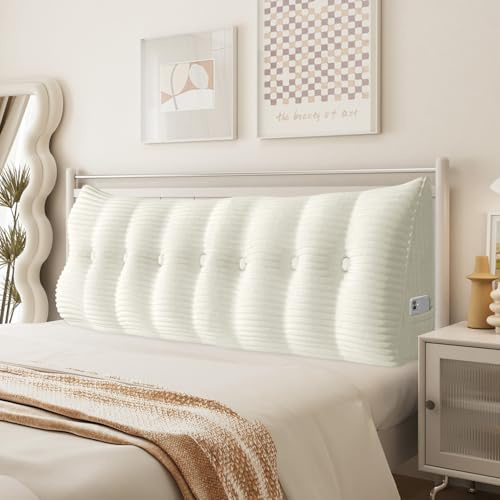 BNCKTRD Keilkissen Sofa Dicklich Rückenkissen Lesekissen für Bett und Couch, Rückenlehne Kopfende, Dreieckiges Sofakissen Bücherkissen, Wandkissen für Bett Herbst Winter, Kordsamt Weiß 200cm
