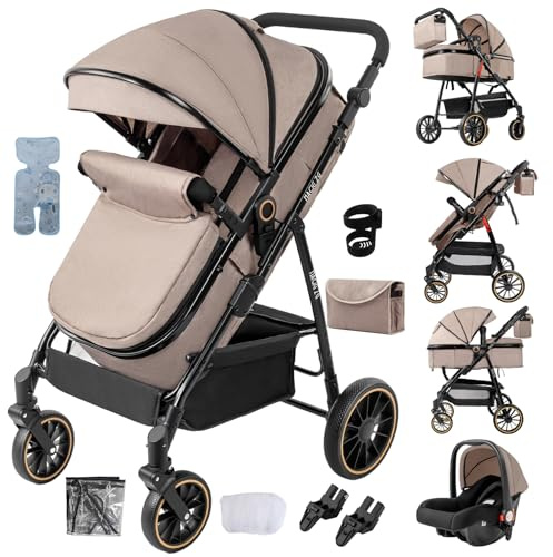 Aveainelle 3 in 1 Baby Stroller, Travel System Reclining and Reversible, One-Click Folding Pushchair Pram, Infant Buggy with Complete Accessories, Front and Rear Wheel Dual Brake Mode (Khaki)