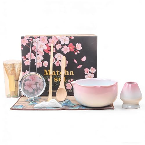 8 PCS Matcha Whisk Set, Ceramic Matcha Set Whisk and Bowl, Matcha Gift Set | Pink Ceramic Matcha Set, Handcrafted Japanese Tea Set Matcha Kit for Matcha Lovers, Matcha Making Kit, Matcha Accessories