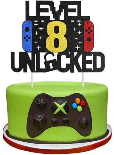 Gleemix Kuchen Gaming Deko 8. Geburtstag Junge, Level 8 Happy Birthday Tortendeko Geburtstag, Glitter Topp Die Torte Spiel, Coole Sachen Für Jungs, Geburtstagsdeko 8 Jahre Junge und Mädchen Level Up