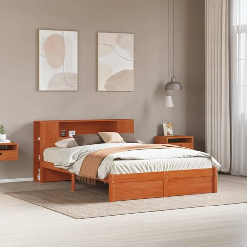 Bettgestell mit Aufbewahrungskopfteil Wachsbraun Massivholz Kiefer 140x190 cm Stauraumbett modernes Design Lattenrost Schlafzimmer Bett mit Stauraum für Bücher Dekoration Betten für kleine Räume