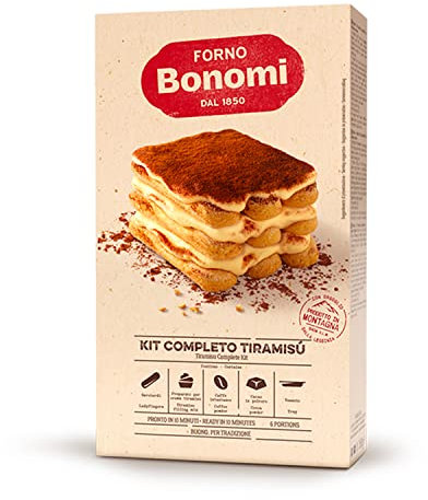 Forno Bonomi Kit Tiramisù. Il kit completo per la preparazione del tiramisù aggiungendo solo latte, senza bisogno di cottura. La confezione contiene 6 porzioni.