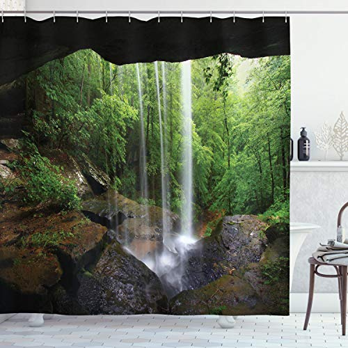 ABAKUHAUS Wasserfall Duschvorhang, Northern Alabama, Stoffliches Gewebe Badezimmerdekorationsset mit Haken, 175 x 240 cm, Grün Braun