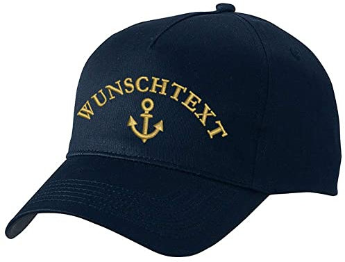 Nashville print factory Basecap Bestickt mit Motiv Anker/Steuerrad/Kompass-Rose Captain Kapitän Steuermann Mütze Cappy (Navy, Anker + Wunschtext)
