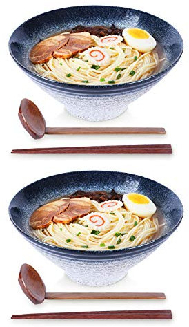 NJCHARMS Ramen Bowls, Ramen Noodle Soup Bowl, 2 Sets (6 Piece) 60 Ounce, with Spoons and Chopsticks for Udon Pho Asian Noodles, Noodle Bowls Large (Blue-Green)