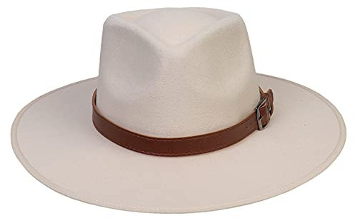 JK Home Fedora-Hut mit breiter Krempe, Wollfilz, Panama-Kappe, Einheitsgröße, Unisex, Damen, Herren, schwarzes geflochtenes Lederband, Beigefarbenes Lederband, Einheitsgröße