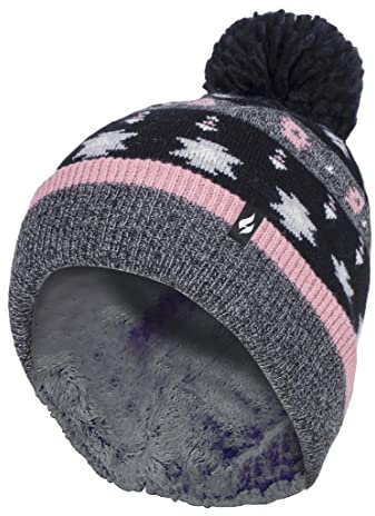 HEAT HOLDERS Bommelmütze Stricken Damen Strickmütze Mütze mit Bommel für Winter | Gestreift und Nordic Muster (One Size, Schwarzgrau)
