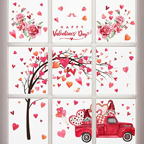 Yovkky Fensterbilder Happy Valentine's Day, 9 Bögen, rosa Herzen, Baum, LKW, Gnom, Glasaufkleber, Aufkleber, Valentinstag, Pfingstrose, Blumen-Dekor, Zuhause, Küche, Heimwerken, doppelseitig