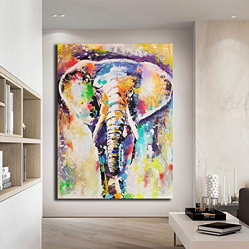 JIANGCJ Tiere auf Leinwand, Wandkunst, bunter Elefant, gemaltes Öl, Poster und Drucke, abstrakte Bilder für Wohnzimmerdekoration, 60 x 80 cm, rahmenlos