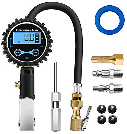 Multifunction Tyre Pressure Gauge,0.1 Display Resolution 200PSI Handheld Air Compressor Tyre Inflator Gun with Rubber Hose and Quick Male Coupling for Car Motorcycle Bicycle