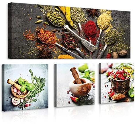 WallArena - Leinwand Bilder - Küche Gewürz Kräuter Essen Esszimmer - 80x55 cm Leinwandbilder - Bild auf leinwand - Wandbild XXL groß Wandbilder für Wohnzimmer Schlafzimmer Wohnzimmerbilder Modern