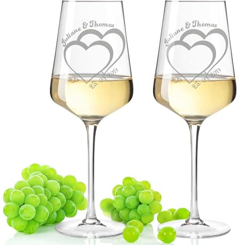 GRAVURZEILE Leonardo Weingläser mit Gravur - Für die Hochzeit - Personalisiert mit Namen & Datum - Geschenk zur Hochzeit mit Herz Motiv - Geschenke für Sie & Ihn - Farbe: Puccini
