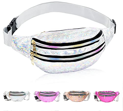Bauchtasche Damen Metallic, wasserdichte Bauchtasche Mode mit Reflektierender Verstellbarer, Hüfttasche Mädchen für Frauen und Männer Party Festival Sport Outdoor Reisen Silber