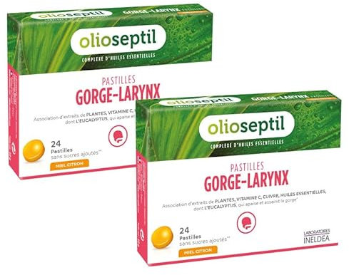 OLIOSEPTIL - Pastillen für Rachen-Hals - ohne Zuckerzusatz - Pflanzenextrakten, Vitamin C, Kupfer und ätherischen Ölen - Hilft Beruhigt den gereizten Rachen - Honig-Zitrone - 2 x 24 Pastillen