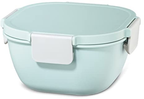 Xavax Lunchbox groß, 1700 ml (Brotdose zum Mitnehmen, Brotzeitbox für Mikrowelle für kaltes und warmes Essen, Frühstücksbox mit Besteck, Deckel mit Clip, spülmaschinenfest) pastellblau/grau