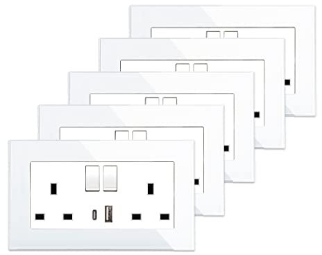 5 Pack CNBINGO Glass Double Switched Socket with USB-A and Type-C Charging Ports, White Tempered Glass Panel Wall Outlet, 2 Gang 13 Amp Electric Power Socket