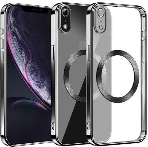 S. Dawezo Klare Magnetische Hülle für iPhone XR, kompatibel mit MagSafe Kabelloses Laden, Militärnorm Schutz, Kratzfest, Stoßfest, Schlanke Transparente Silikonhülle für iPhone XR Hülle, Schwarz