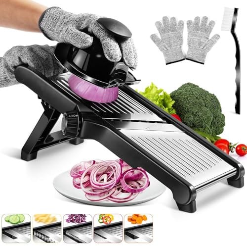 MASTERTOP Mandoline Food Slicer, 3 in 1 Stainless Steel Mandoline Vegetable Slicer, Adjustable Mandolin Slicers for Potato, Onion, Cucumber, Vegetable Chopper with Cut Proof Gloves and Cleaning Brush