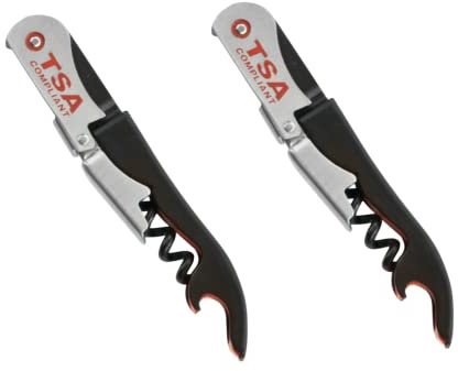 TSA Compliant Corkscrew Bottle Opener, Black Double Hinged, Stainless Steel Wine Key (2 Pack)