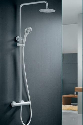 MICE - Columna Conjunto de ducha con grifo termostático de diseño moderno, Barra de ducha extencible, Griferia de baño - SERIE LONDRES Blanco Mate - BTL011/BL