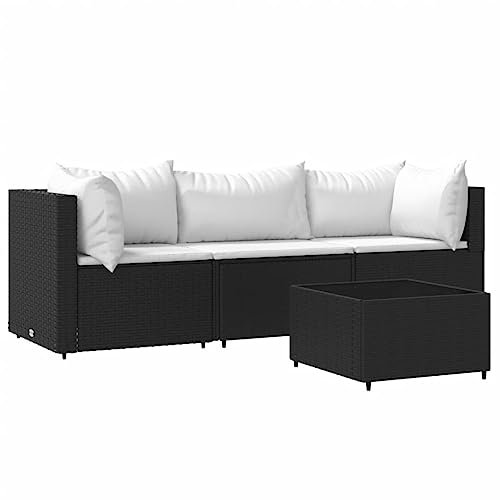 vidaXL Garten Lounge Set 4-TLG., Gartenmöbel Set mit Kissen, Sitzgruppe für Garten Terrasse, Modular Sofa Garnitur Loungemöbel, Schwarz Poly Rattan