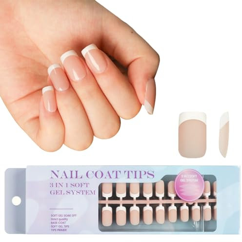French Gel Nail Tips - 3 in 1 Nails Tips 300Pcs Square Coffin French Press on Nails - Pre-applied Tip Base Coat Cover - 15 Size Nude Soft Gel Fake Nails for Nail Extension Easy DIY