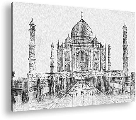 deyoli Leinwandbild Illustration des prächtigen Taj Mahal Format: 70x50cm Effekt:Schwarz&Weiß XXL Kunstdruck Bild auf Holzrahmen/Wandbild/Wohnzimmer Dekoration