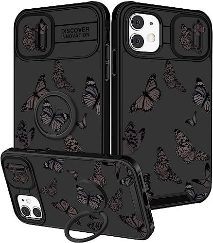 Pegmode (2in1 for iPhone 11 Case for Women Black Butterfly Girly Girls Phone Cases Cute Butterflies Unique Design with Slide Camera Cover+Ring Holder Pretty Fashion for Apple iPhone 11 Cover 6.1 inch