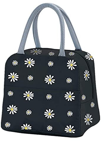 Lunch Bag, Insulated Lunch Bag Cooler Bag Portable Thermal Lunch Bags Organizer Tote Bag for Women Adults Kids Work School Picnic (Daisy Black)