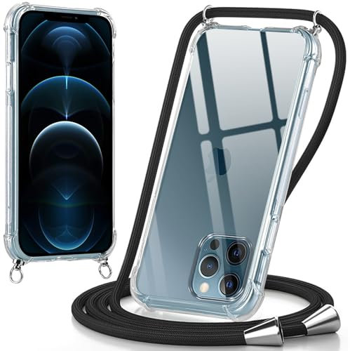 Oelrstfe handyband Hülle mit Band für iPhone 12 Pro Max, Handyband zum Umhängen Handy Umhängeband Transparent TPU Stoßfest Silikon Handyhülle mit Kette für iPhone 12 Pro Max, Schwarz