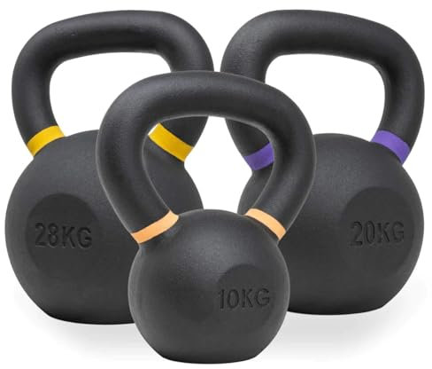 Strength Shop Kettlebell Set (10kg+20kg+28kg) Gusseisen mit ergonomischem Griff, Extrem robuste Kugelhantel mit Gewichts-Farbmarkierung & Schwarzpulver-Beschichtung, ideal für Ganzkörpertraining