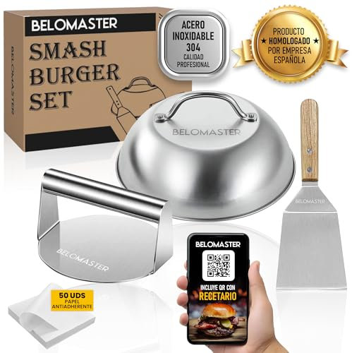 BELOMASTER. Smash Burger Kit. Acero Inoxidable 304. Producto Homologado por Empresa Española. Certificados UE Contacto Alimentos. Prensa Hamburguesas – Aplastador Hamburguesas–Burger Press-Smasher