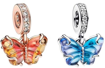 NUNUYAYA Charm Bead Ciondolo in Argento Sterling 925 Blue Pink Yellow Butterfly Dangle con Zirconia Pendenti Compatibile con Braccialetti Collane europei,Compleanno Natale Perline Donne 2pcs / Set