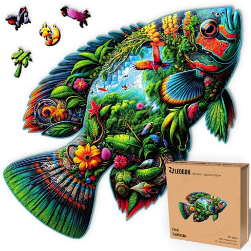 LEOGOR Fish Fantasia – Holzpuzzle Erwachsene Fisch, 500 Teile – 63 × 38 cm – 5 mm Dickes Holz, handgeformte Teile, Tierförmiges Mosaikdesign – Magisches Holz Puzzle für Puzzle-Liebhaber