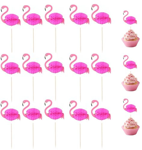 30 Pièces Flamant Rose Cupcake Toppers, Tropical Décoration Gâteau Anniversaire, 3D Flamant Cupcake Toppers, Décorations Tropicales pour Cupcakes Aloha, pour Anniversaire Mariage Fête