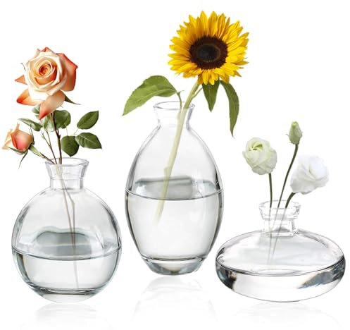 SAWOAKE Glas Bud Vasen Set von 3, Kleine Diamant Bud Vasen in Bulk, Mini Blumen Vasen für Mittelstücke, Vintage Flasche für Tischdekorationen, Hochzeitsdekoration, Recepetion, (3, Transparent)...