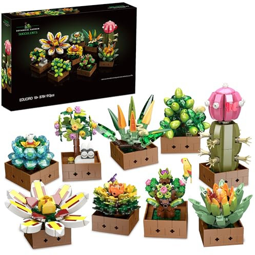 Under the Baubles Sukkulenten Blumen Bausteine Set für Erwachsene, 9 künstliche Pflanzen, Room deko Basteln, Geschenk für Sie & Ihn zum Valentinstag (913 Stück)