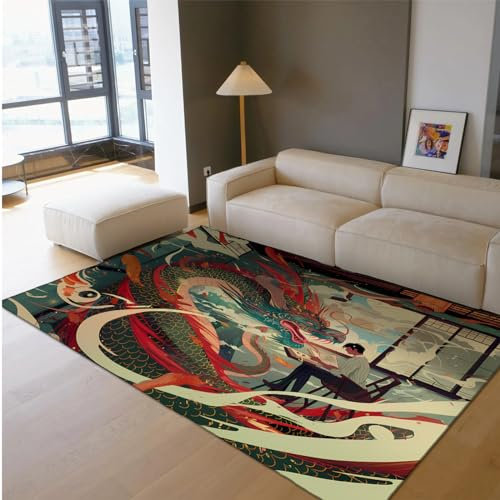 Via Vela Ukiyo-e Style Teppich 240x300cm - Japanischer Drache und gutaussehender Mann der EIN Buch liest Waschbarer Rutschfester dünner Teppich mit niedrigem Flor für das Schlafzimmer