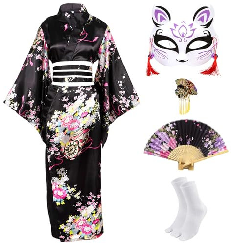 CRFASIBE Kimono Traditionnel Japonais Femme Robe Jeune Dame Yukata Imprimé Floral Robe Peignoir Japonaise Costume Cosplay Set(Noir)