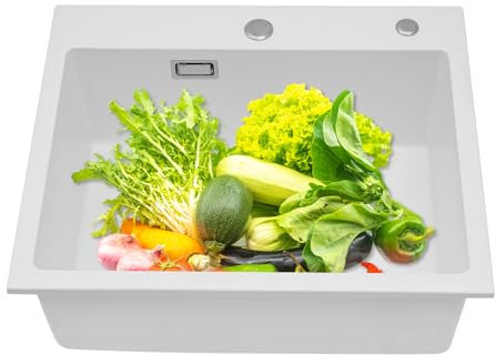 TFIANYNI Fregadero de cocina empotrable de piedra de cuarzo, rectangular, 55 x 45 cm, caño antidesbordamiento, suelo de fregadero de 12 mm de grosor, color blanco