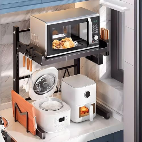 Soporte Extensible para Horno de Microondas Estantería ampliable para microondas Estanteria para Microondas Encimera con un soporte para tabla de cortar, 4 ganchos y una caja para palillos (2 Niveles)